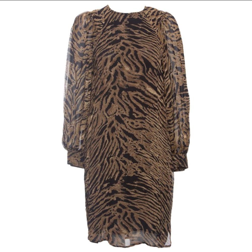 GANNI Tiger Print Georgette Mini Dress Sz 36 US 4 Sheer Long Sleeve Scandinavian